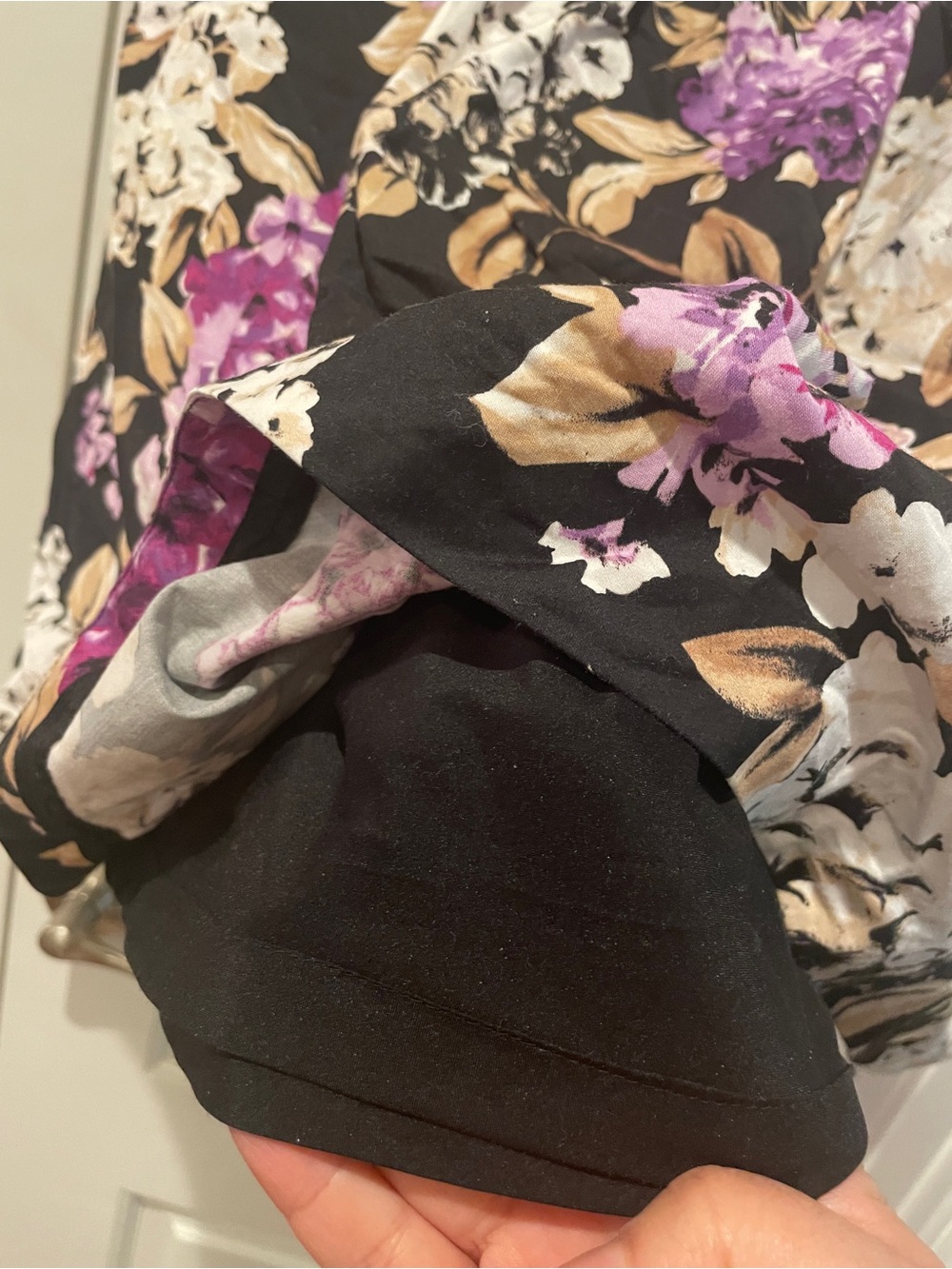 White House Black Market Black Floral Pleated Skirt with Purple and White Blooms - Picture 6 of 6